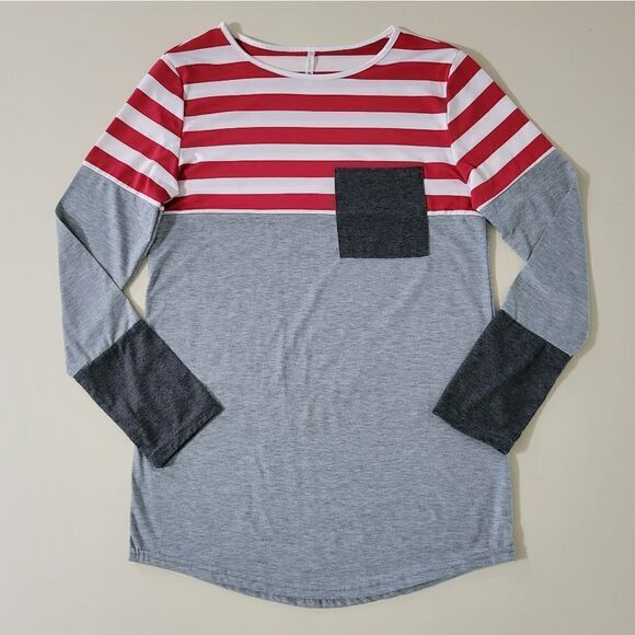 Lucky Red White Stripe Colorblock Long Sleeve Blouse Top - Picture 4 of 13